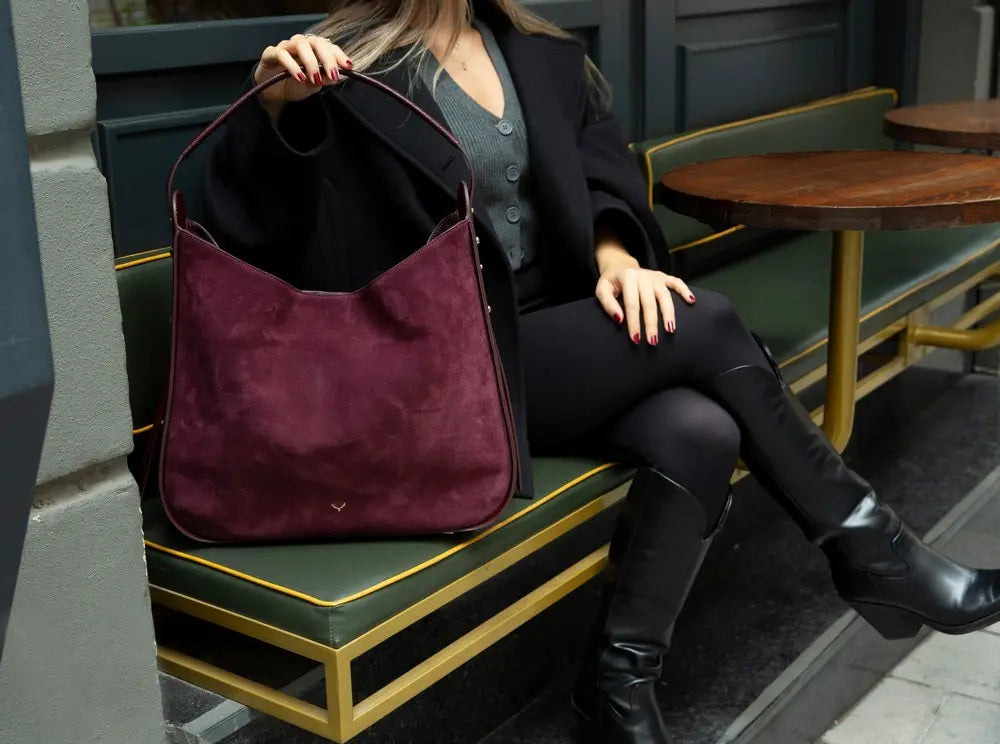 Süet Deri Carina Tote Çanta - Bordo