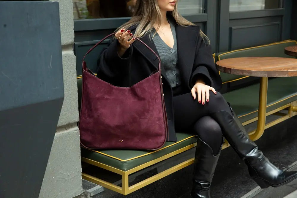 Süet Deri Carina Tote Çanta - Bordo