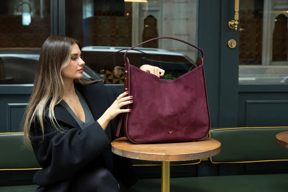 Süet Deri Carina Tote Çanta - Bordo